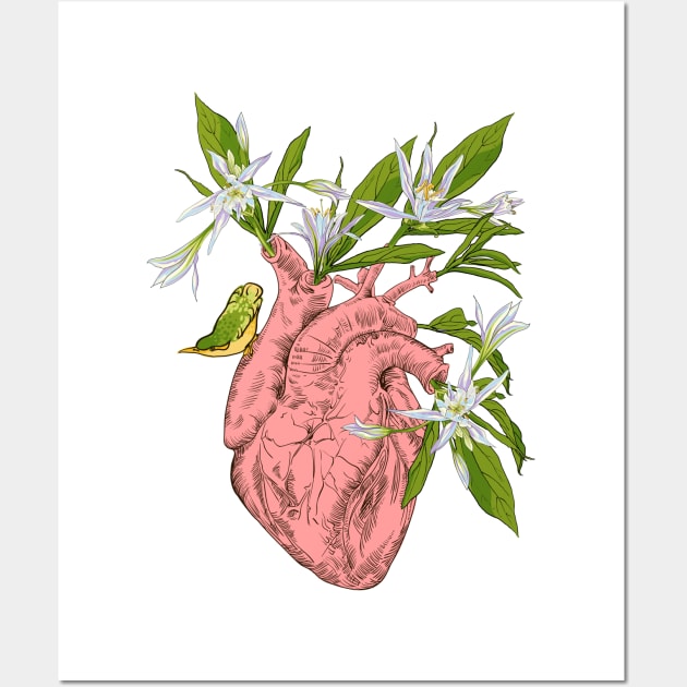 heart with flowers, leaves and birds Wall Art by Olga Berlet